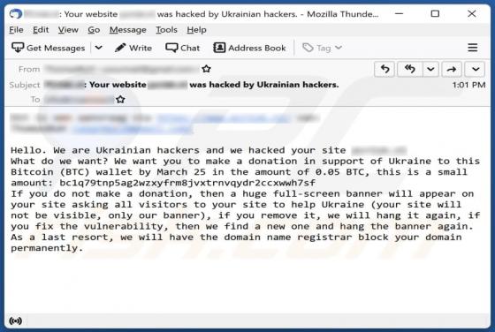 Oszustwo e-mailowe We Are Ukrainian Hackers And We Hacked Your Site