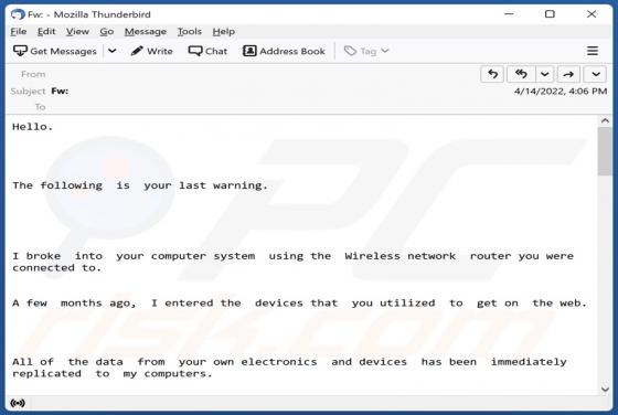 Oszustwo e-mailowe I Broke Into Your Computer System Using The Wireless Network Router