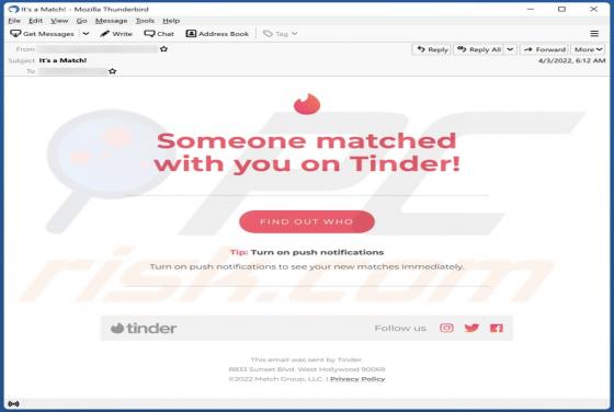 Oszukańczy e-mail Someone Matched With You On Tinder!