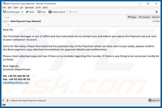 Wirus e-mailowy Bank Payment Copy