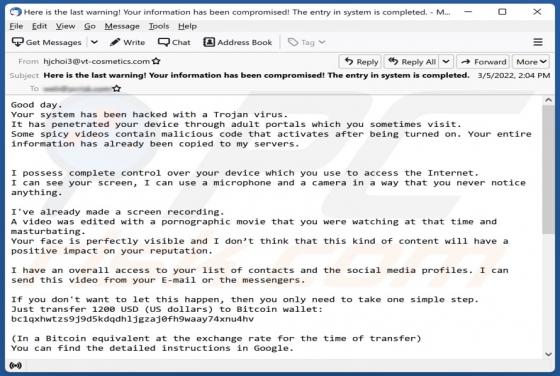 Oszustwo e-mailowe Your System Has Been Hacked With A Trojan Virus