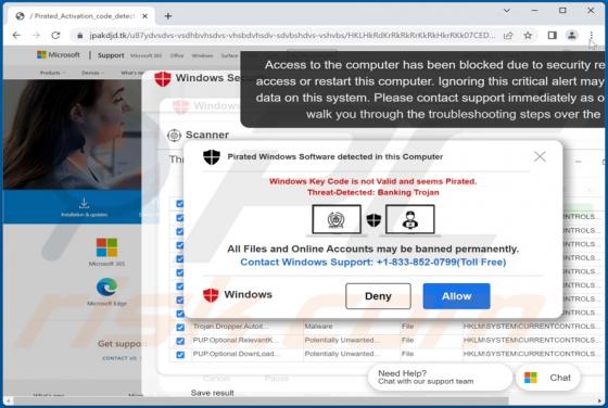 Oszustwo POP-UP Pirated Windows Software Detected In This Computer