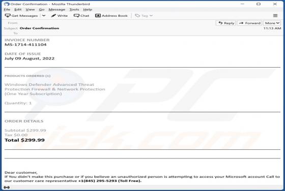 Oszustwo e-mail Windows Defender Subscription