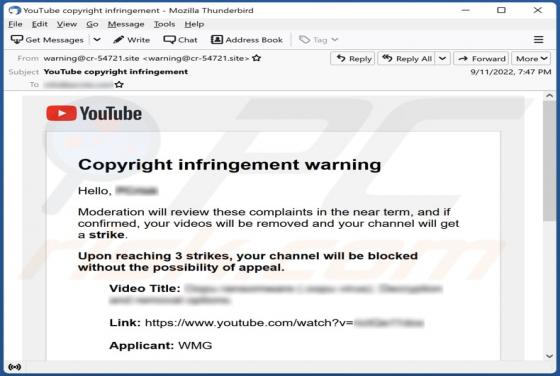 Wirus e-mailowy YouTube Copyright Infringement Warning