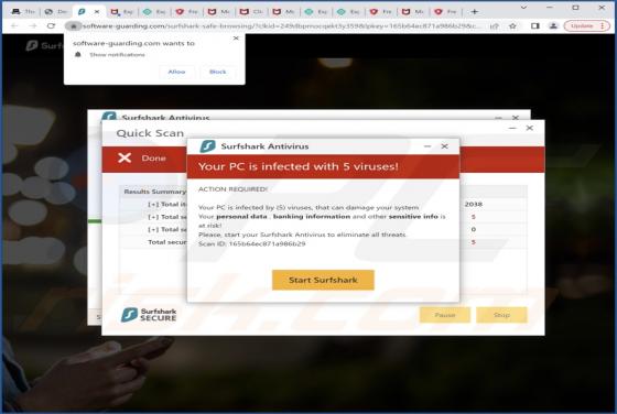 Oszustwo POP-UP Surfshark - Your PC Is Infected With 5 Viruses!