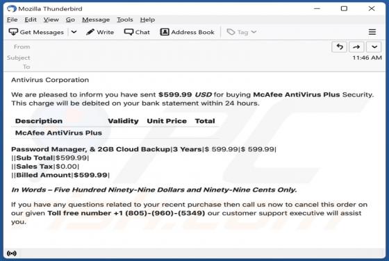 Oszustwo e-mailowe Payment For McAfee Subscription