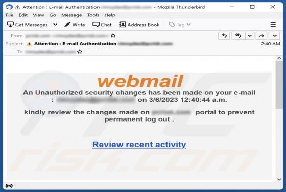 Oszustwo e-mailowe Webmail Security Changes