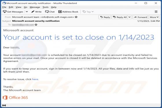 Oszustwo e-mailowe Your Account Is Set To Close