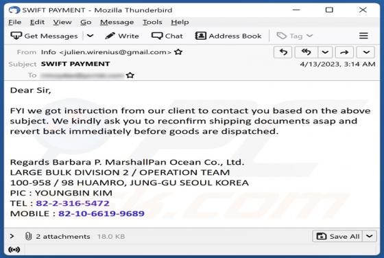 Oszustwo e-mailowe Reconfirm Shipping Documents