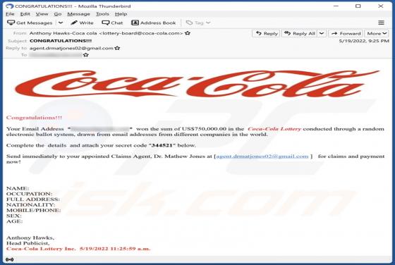 Oszustwo e-mailowe Coca Cola Lottery