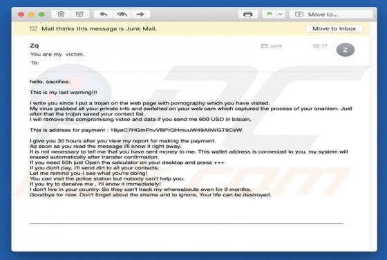 Oszustwo e-mailowe Hello, Sacrifice. This Is My Last Warning!!!