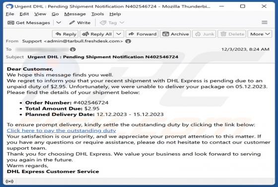 Oszustwo e-mail DHL Unpaid Duty