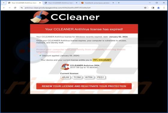 Oszustwo POP-UP CCLEANER AntiVirus License Has Expired