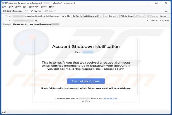 Oszustwo e-mailowe Account Shutdown Notification