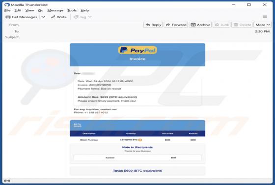 Oszustwo e-mailowe PayPal Crypto Purchase Invoice