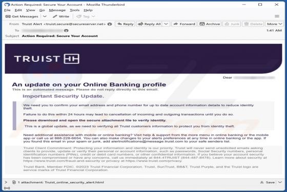 Oszustwo e-mailowe Truist Online Banking Profile