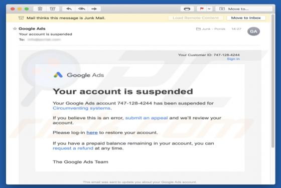 Oszustwo e-mailowe Google Ads - Your Account Is Suspended