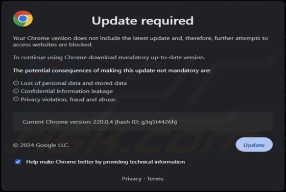 Your Chrome Version Does Not Include The Latest Update POP-UP Oszustwo