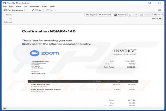 Oszustwo e-mailowe Zoom Antivirus Plus Subscription