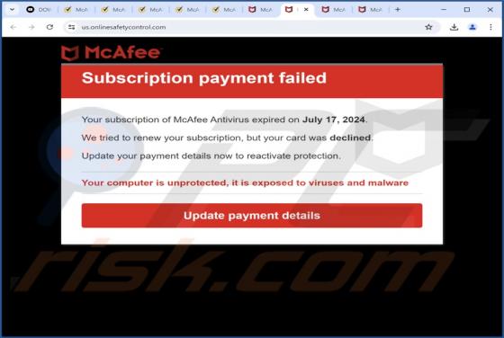 McAfee - Subscription Payment Failed POP-UP Oszustwo