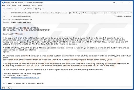 Oszustwo e-mailowe British Columbia Lottery