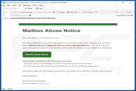 Oszustwo e-mailowe Mailbox Abuse Notice