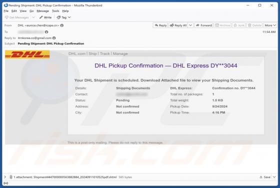 Oszustwo e-mailowe DHL Pickup Confirmation