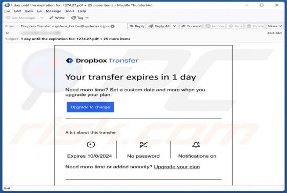 Oszustwo e-mailowe Dropbox - Your Transfer Expires