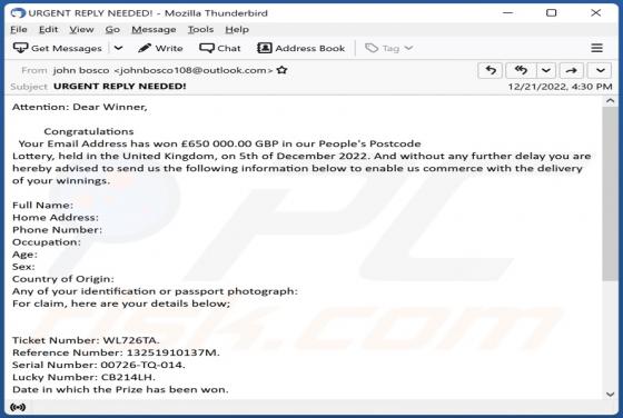 Oszustwo e-mailowe People's Postcode Lottery