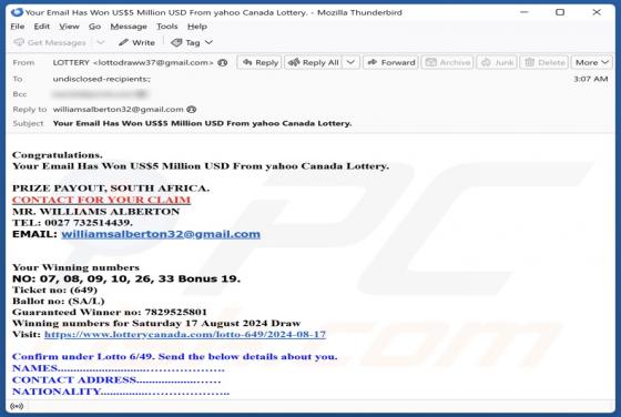 Oszustwo Email Yahoo Canada Lottery