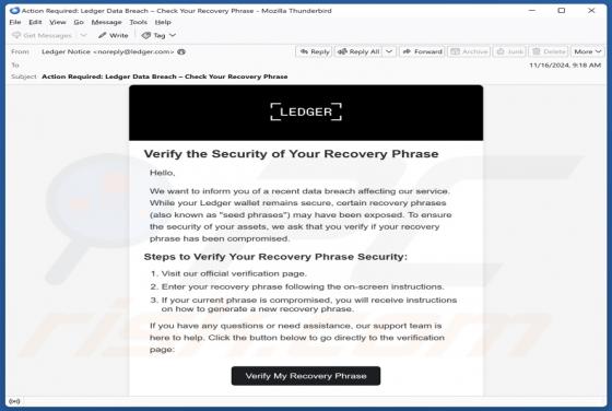 Oszustwo e-mailowe Ledger Recovery Phrase Verification
