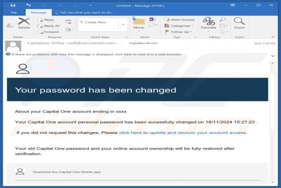 Oszustwo e-mailowe Capital One - Your Password Has Been Changed