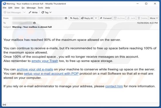 Oszustwo e-mailowe Maximum Mailbox Space Allowed
