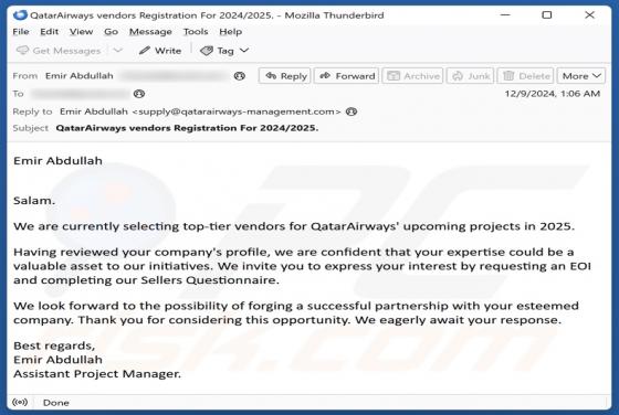 Oszustwo e-mailowe Qatar Airways