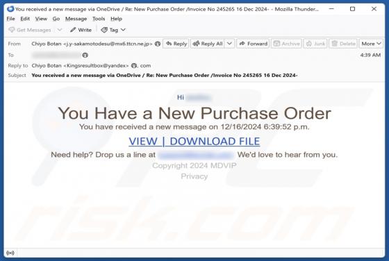 Oszustwo e-mailowe You Have A New Purchase Order