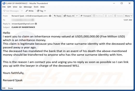 Oszustwo e-mailowe Claim Inheritance Money