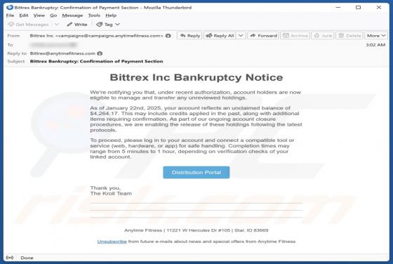 Oszustwo e-mailowe Bittrex Inc Bankruptcy Notice
