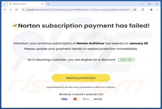 Norton Subscription Payment Has Failed POP-UP Oszustwo