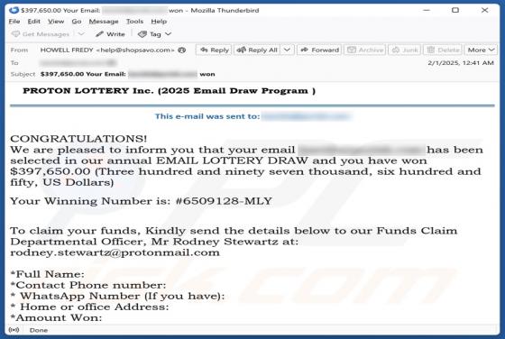 Oszustwo e-mailowe PROTON LOTTERY