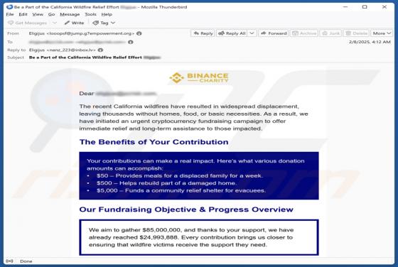Oszustwo e-mailowe Binance Charity - California Wildfires Fundraiser