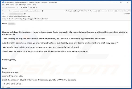 Oszustwo e-mailowe Inquire About Your Product/Service