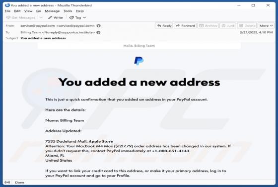 Oszustwo e-mailowe PayPal - You Added A New Address