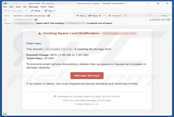Oszustwo e-mailowe Hosting Space Limit Notification
