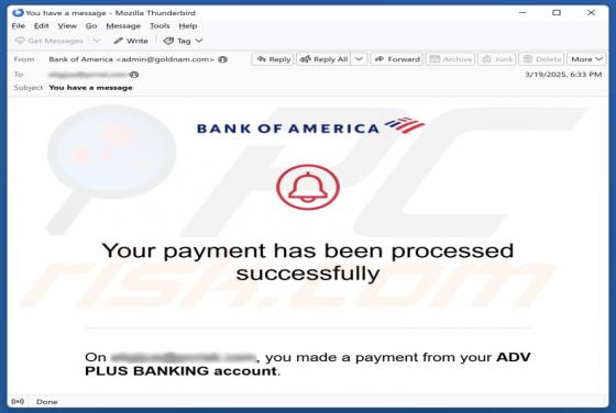 Oszustwo e-mailowe Bank Of America - Payment Processed Successfully