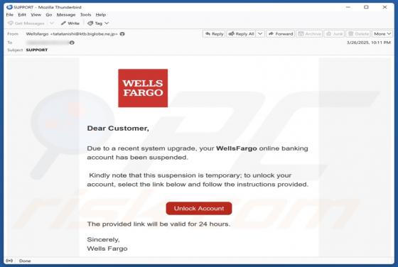 Oszustwo e-mailowe Wells Fargo - Account Suspended