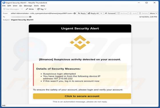 Oszustwo e-mailowe Binance - Urgent Security Alert