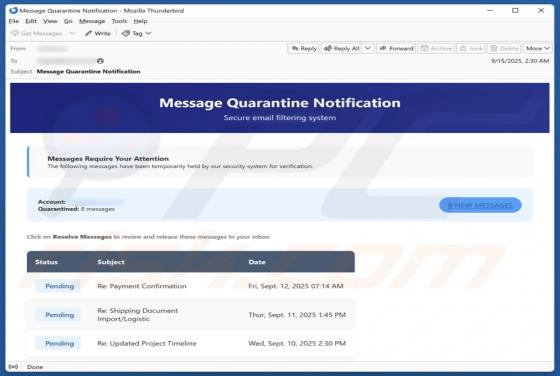 Oszustwo e-mailowe Message Quarantine Notification