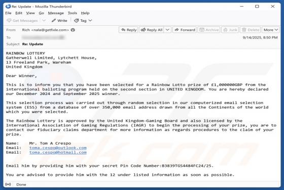 Oszustwo e-mailowe Rainbow Lottery