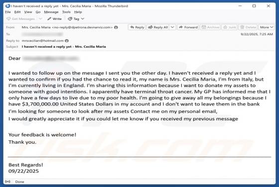 Oszustwo e-mailowe Donation To Someone With Good Intentions