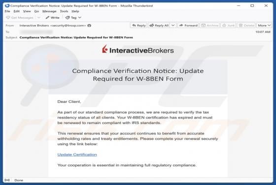 Oszustwo e-mailowe Interactive Brokers Compliance Verification Notice